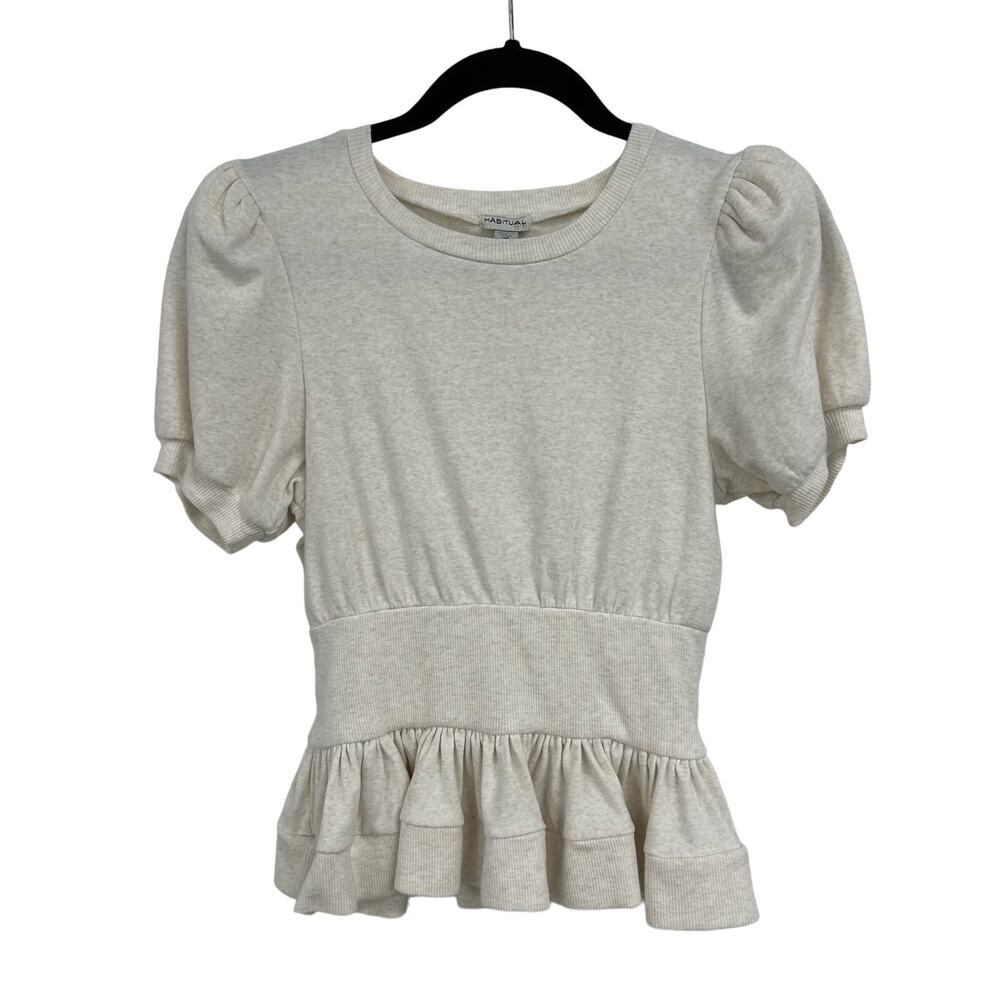 NWT Habitual Girl Oatmeal Tan Puff Sleeve Ribbed Peplum Top Big Girls 14